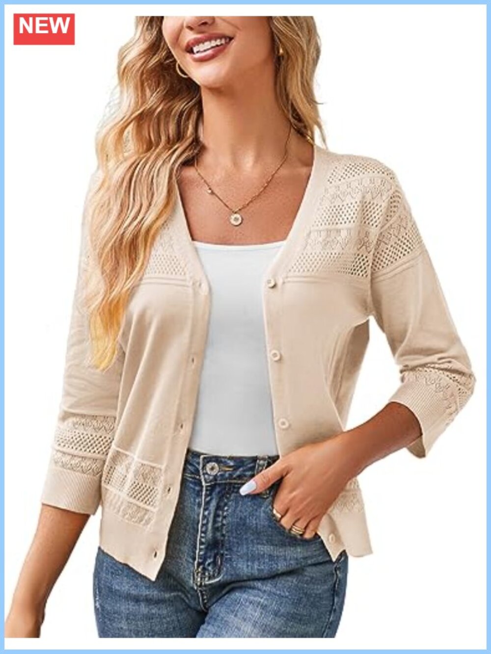 Cropped Cardigan Lightweight 3/4 Sleeve Button Down Shrug